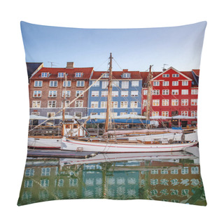 Personality  COPENHAGEN, DENMARK - MAY 6, 2018: Boats And Beautiful Historical Buildings Reflected In Calm Water, Copenhagen, Denmark Pillow Covers