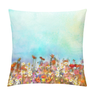 Personality  Watercolor Painting Purple Cosmos Flower, White Daisy, Cornflower, Wildflower. Pillow Covers