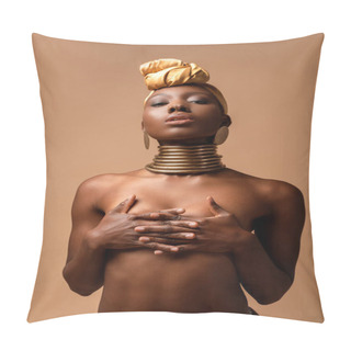 Personality  Sexy Naked Tribal Afro Woman Posing Isolated On Beige Pillow Covers