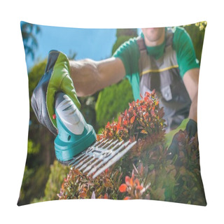 Personality  Spring Time Plants Trimming. Caucasian Men With Small Electric Trimmer Cutting Plants. Gardening And Landscaping Theme. Pillow Covers