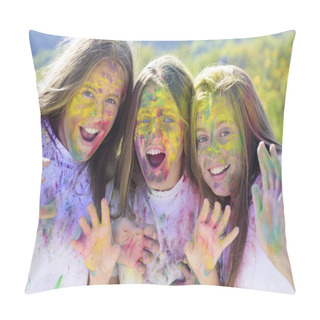 Personality  Emotional Girls With Happy Mood With Colorful Dry Colors. Children With Creative Body Art. Crazy Hipster Girls. Happy Youth Party. Optimist. Spring. Colorful Neon Paint Makeup. Positive And Cheerful Pillow Covers