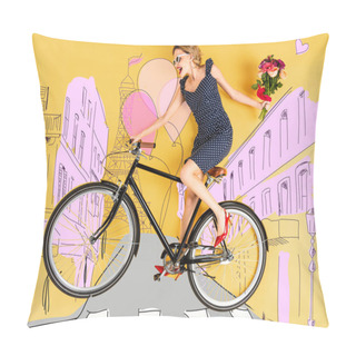 Personality  Top View Of Young Happy Elegant Woman With Bouquet Of Roses And Bike Lying On Yellow Background With City Street Illustration Pillow Covers