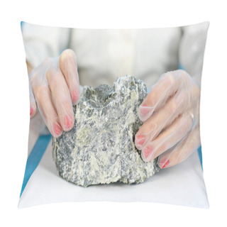 Personality  Female Hands Hold The Dangerous Mineral Asbestos. Pillow Covers