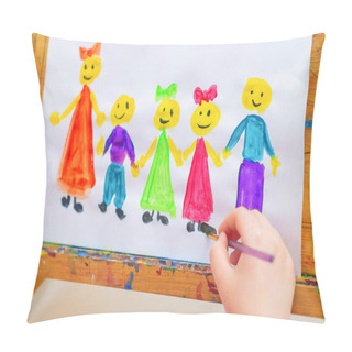 Personality  Little Girl Is Drawing The Children With Words Children's Day On A Wooden Easel For The Holiday Happy Children's Day. Pillow Covers