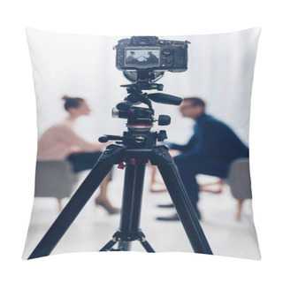 Personality  Side View Of Businessman Giving Interview To Journalist In Office, Camera On Tripod On Foreground Pillow Covers