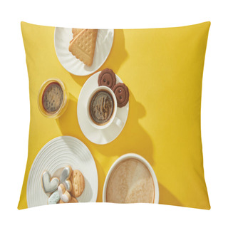 Personality  Top View Of Fresh Baked Cookies With Coffee On Yellow Background Pillow Covers