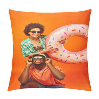 Personality  Cheerful Young African American Man In Sunglasses And Panama Hat Posing Near Best Friend In Trendy Summer Outfit Holding Swim Ring Isolated On Orange, Friends In Trendy Casual Attire Pillow Covers