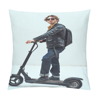 Personality  Grumpy Looking Young Adult Caucasian Man Posing In A Bright Studio On A White Background, Wearing Leather Jacket And Sunglasses While Sitting On His Scooter With A Backpack Pillow Covers