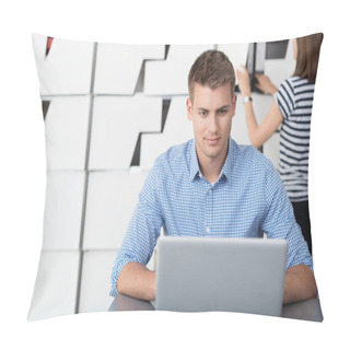 Personality  Young Businessman Using His Laptop On His Desk Pillow Covers