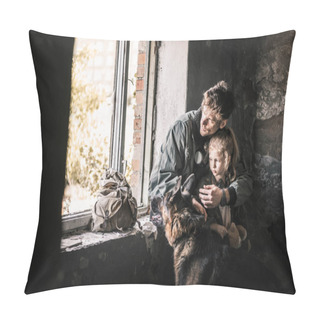 Personality  Man Hugging Kid Near German Shepherd Dog In Abandoned Building, Post Apocalyptic Concept Pillow Covers