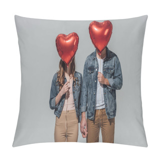 Personality  Young Couple Hiding Faces Behind Red Heart Shaped Balloons Isolated On Grey Pillow Covers