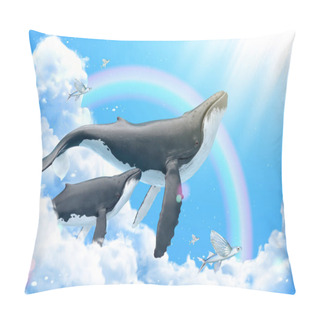 Personality  Humpback Whales Swimming Among Clouds With Flying Fish, 3d Illustration Pillow Covers