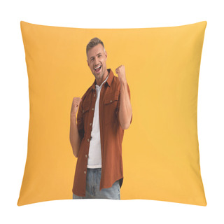 Personality  Excited Man With Clenched Fists Isolated On Orange  Pillow Covers