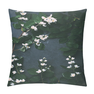 Personality  Top View Of Beautiful White Jasmine Flowers And Green Leaves On Black Pillow Covers