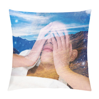 Personality  Double Exposure Of Upset Woman In The Morning And Gorgeous Autum Pillow Covers