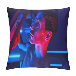 Personality  Cosmic Visitor, Unknown Humanoid Alien In Goggles Looking Out Innovative Device In Discovery Center Pillow Covers