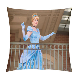 Personality  Orlando, Florida. August 04, 2020. Cinderella Waving From The Balcony At Walt Disney World Railroad At Magic Kingdom (142) Pillow Covers