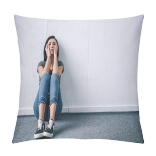 Personality  Depressed Lonely Brunette Woman Sitting On Floor At Home With Copy Space Pillow Covers