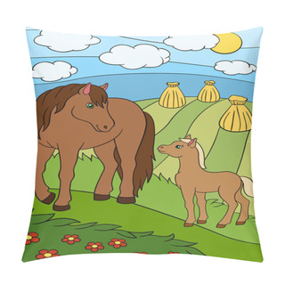 Personality  Cartoon Farm Animals. Mother Horse With Foal Pillow Covers