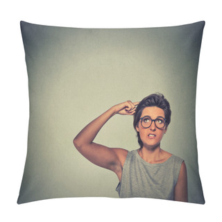 Personality  Contused Thinking Woman With Glasses Bewildered Scratching Her Head Pillow Covers