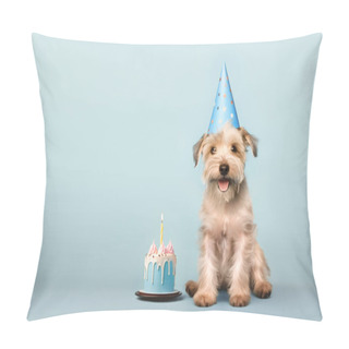 Personality  Happy Cute Scruffy Dog Celebrating With Birthday Cake And Party Hat, Blue Background With Copy Space To Side Pillow Covers
