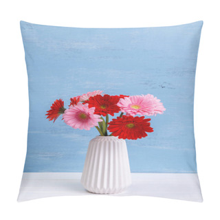 Personality  Gerbera Flowers In Vase On Wooden Background. Pillow Covers