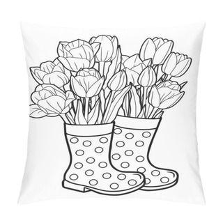 Personality  Vector Coloring Book Page For Adults. A Bouquet Of Tulips Stands In Rubber Boots Instead Of A Vase. Black And White Illustration Pillow Covers