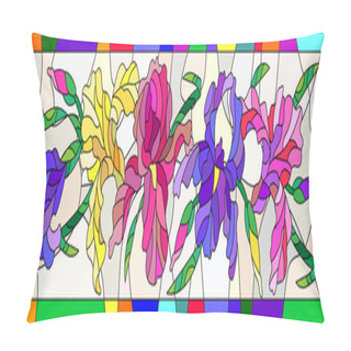 Personality  Illustration In Stained Glass Style With Flowers, Buds And Leaves Of Iris Pillow Covers