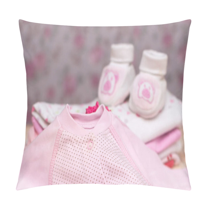 Personality  Its a Girl pink theme Baby Shower or Nursery background with decorated borders on wood background. pillow covers