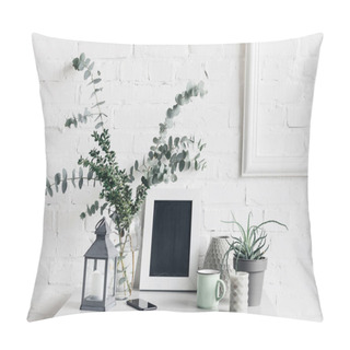 Personality  Houseplants With Blank Chalkboard In Front Of White Brick Wall, Mockup Concept Pillow Covers