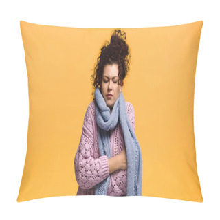 Personality  Frozen Woman In Knitted Sweater And Scarf Standing With Crossed Arms Isolated On Orange Pillow Covers