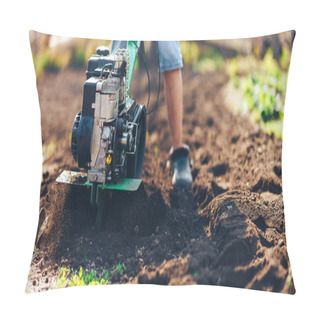 Personality  Close Up Photo Of Young Farmer Gardener Cultivate Ground Soil Rototiller , Tiller Tractor, Cutivator, Miiling Machine, Prepare For Planting Crop, Spring. Modern Farming, Technology Agriculture Pillow Covers