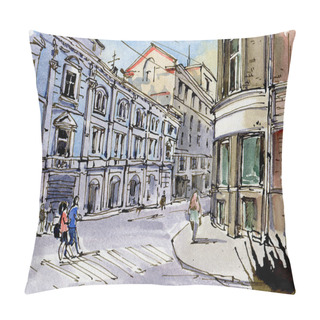 Personality  City Landscape.  Sketch Ink And Watercolor. Hand-drawn Illustration. Pillow Covers