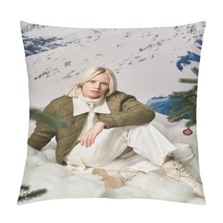 Personality  Attractive Blonde Woman In Warm Stylish Jacket Sitting On Snow Looking At Camera, Winter Fashion Pillow Covers