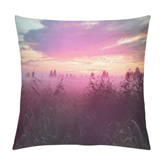 Personality  Country Field In A Fog At Sunrise. Tree Silhouettes In The Background. Pure Golden Morning Sunlight. Epic Pink Clouds. Idyllic Rural Scene. Concept Art, Fairytale, Picturesque, Unicorn Colors Pillow Covers