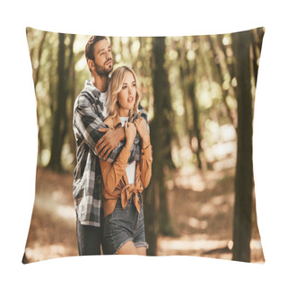 Personality  Handsome Man Embracing Dreamy Girlfriend While Looking Away In Park Pillow Covers