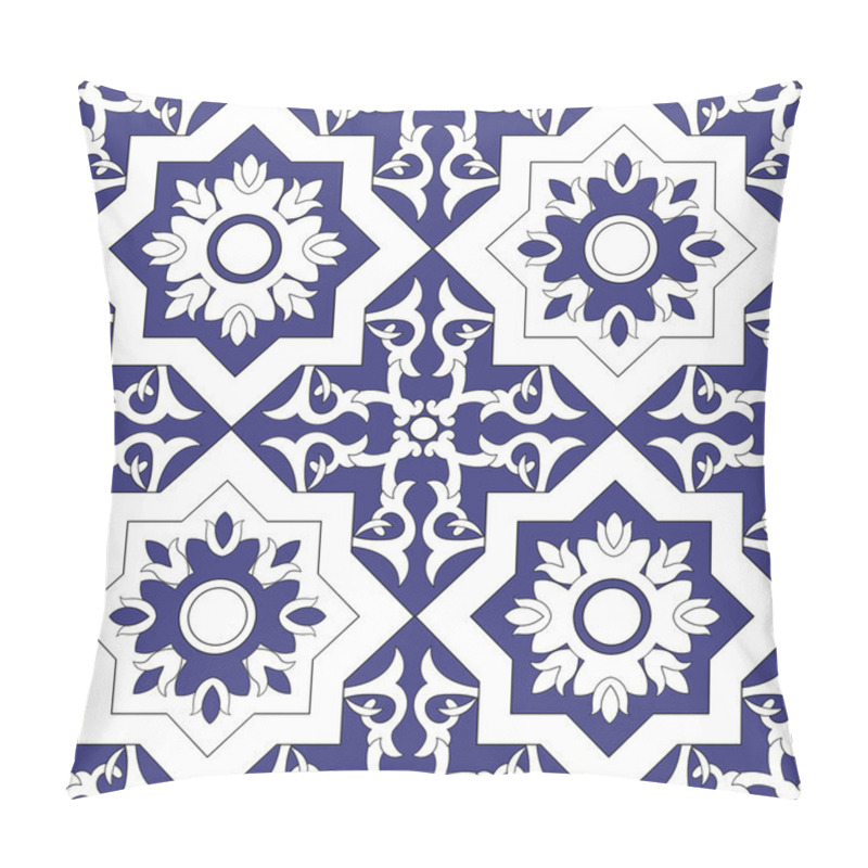 Personality  Ornamental Pattern Seamless Vector Blue And White Color. Azulejo, Portuguese Tiles, Celtic, Spanish, Moroccan, Talavera, Turkish Or Delft Dutch Tiles Design With Flowers Motifs. Pillow Covers