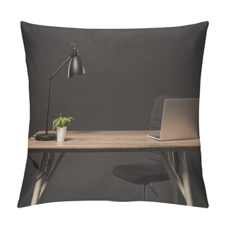 Personality  Close Up View Of Chair And Table With Lamp, Plant, Book And Laptop On Grey Background  Pillow Covers