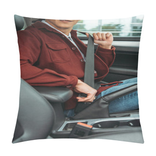 Personality  Cropped View Of Smiling Man Holding Safety Belt In Auto Pillow Covers