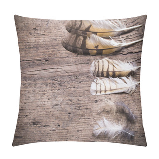 Personality  Feathers Of A Bird On A Wooden Background Pillow Covers