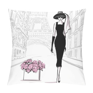 Personality  Beautiful Woman In Retro Style In Paris . Vintage Dress Sixties  Pillow Covers