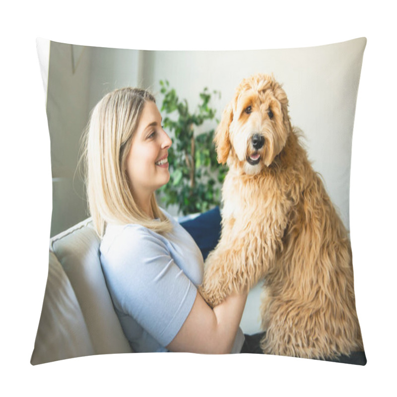 Personality  woman with his Golden Labradoodle dog at home pillow covers