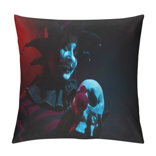 Personality  Creepy Jester Woman Holding A Human Skull With Red Clown Nose. Pillow Covers