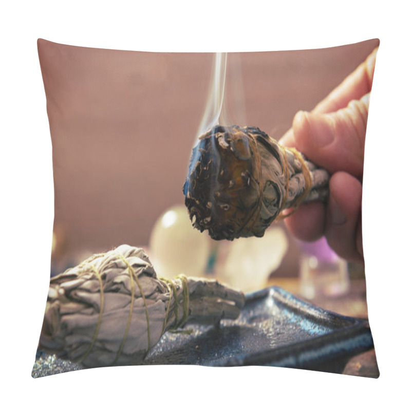 Personality  Man burning white sage incense pillow covers