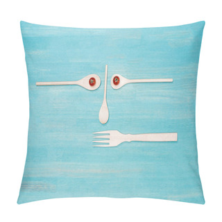 Personality  Top View Of Wooden Kitchen Utensils With Cherry Tomatoes On Blue Table Top Pillow Covers