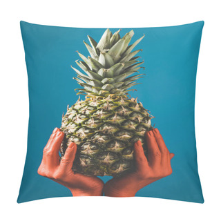 Personality  Partial View Of Woman Holding Ripe Pineapple Fruit In Coral Colored Hands On Blue Background,  Color Of 2019 Concept Pillow Covers