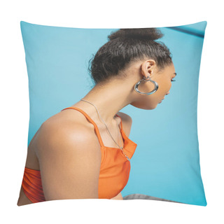 Personality  Trendy African American Fashion Model In Striking Orange Outfit With Hoop Earrings Looking Away Pillow Covers