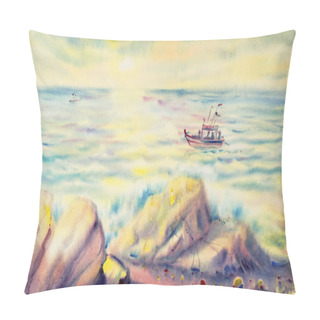 Personality  Watercolor Seascape Original Painting Colorful Of Fisherman Fishing Boat In Sun Evening And Emotion In Sea And Sky,cloud Background. Painted Illustration, Nature Beautiful Summer Pillow Covers