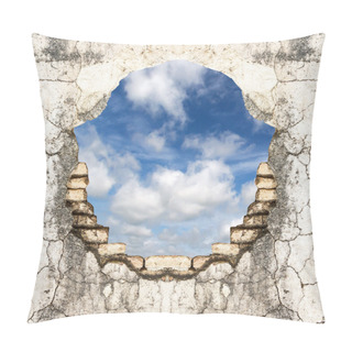 Personality  Hole In Old Brick Wall And Concrete Vintage Background With Blue Sky Pillow Covers