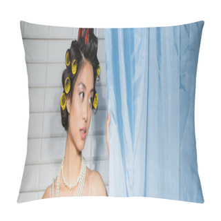 Personality  Brunette And Alluring Asian Woman With Hair Curlers Standing In Pearl Necklace Near Blue Bathroom Curtain And Looking Away Near White Tiles At Home, Banner, Housewife  Pillow Covers